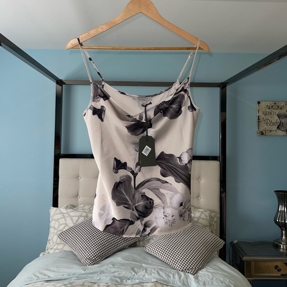 NEW AllSaints Hadley Cowl Neck Satin Top ECRU WHITE Gray Marble Size 4 US 8 UK - Picture 2 of 7